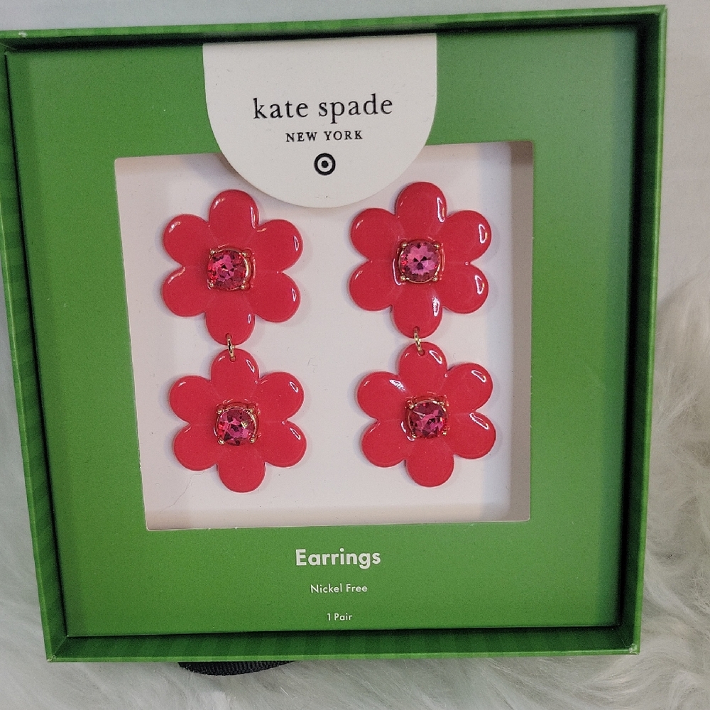 Kate Spade Red/Pink Floral Drop Earrings with‎ Crystal Center NIB